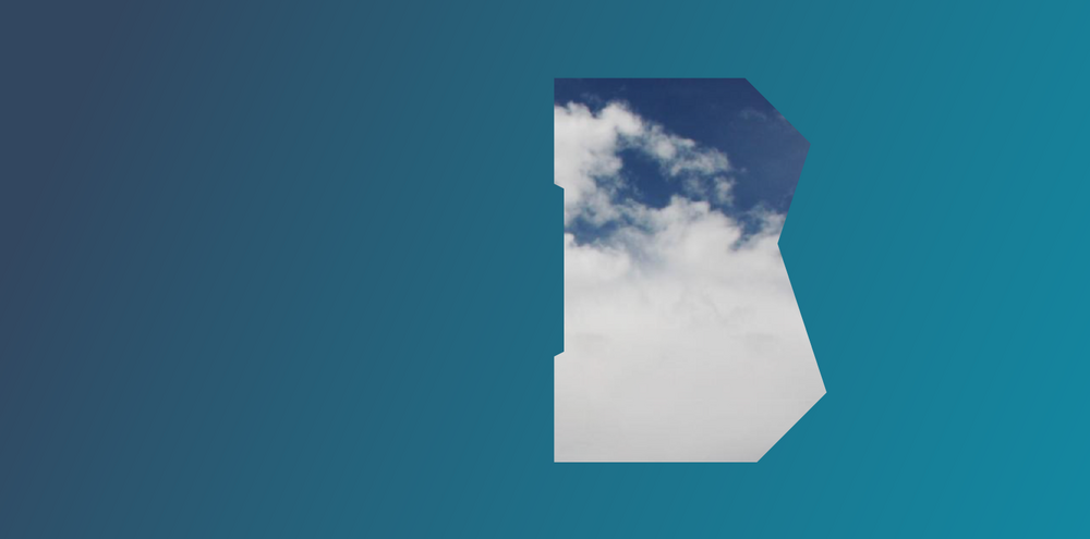 Teasergrafik mit blauem Hintergrund und einer Wolke in Form des Großbuchstaben B