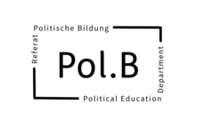 The type-logo shows the Student Government Department’s name in a central position: »pol.B«. This name is framed by the words »Referat politische Bildung« (upper left corner) and »Political Education Department« (lower right corner).	