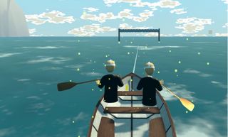 screenshot of the Social VR application: 2 people rowing in a boat seen from behind in open sea/lake, moving towards a 'goal' target