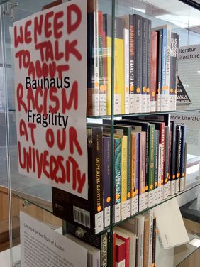 Photo of the glass display case in the university library