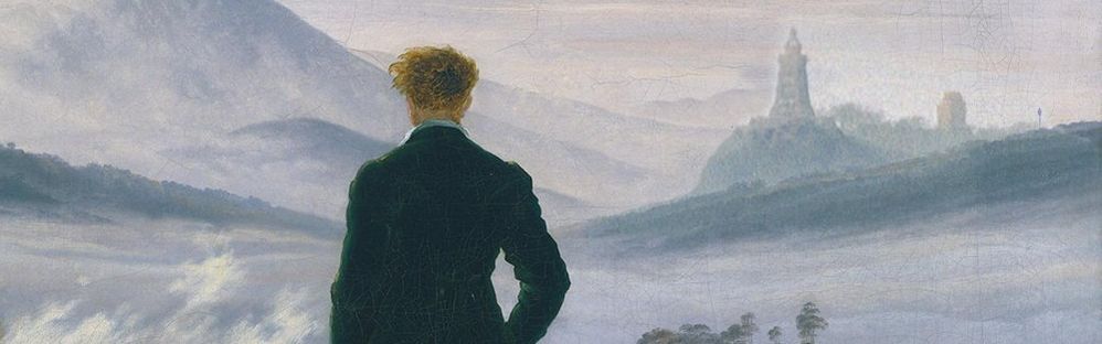 Caspar David Friedrich; Dguendel (https://commons.wikimedia.org/wiki/File:View to Tilleda and to the Kyffhäuser.jpg), „View to Tilleda and to the Kyffhäuser“, cropped and mixed von K. Angermann, https://creativecommons.org/licenses/by/3.0/legalcode Aufgeklärter Wanderer über dem Kyffhäuser