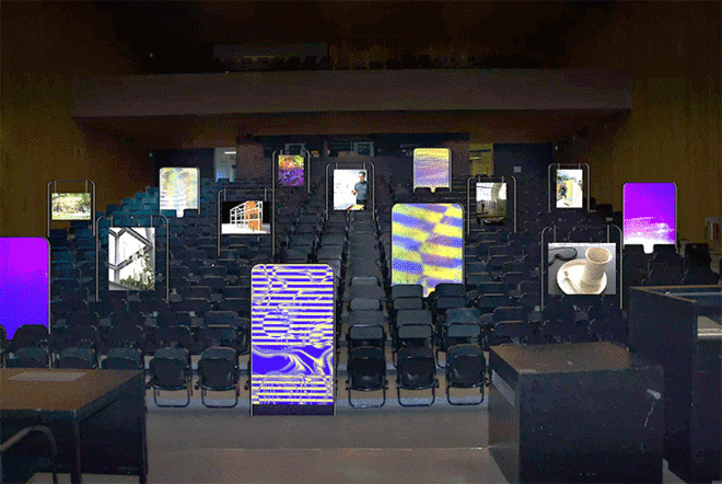 Bild zeigt Fotomantage von Ausstellungsrahmen, die im Audimax verteilt sind