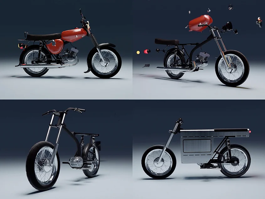 Visualisierung verschiedener Entwurfsstadien einer Simson: vom klassischen roten Moped über eine reduzierte Rahmenkonstruktion bis zu einem neu gestalteten Fahrzeug.