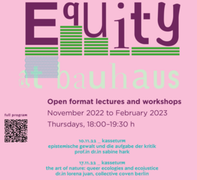 Veranstaltungsplakat zur Ringvorlesung »Equity at Bauhaus« (Gestaltung: Ricarda Löser) Veranstaltungsplakat zur Ringvorlesung »Equity at Bauhaus« (Gestaltung: Ricarda Löser)