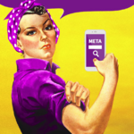 Das Bild zeigt eine vom Digitalen Deutschen Frauenarchiv herausgegebene Werbe-Postkarte für den META-Katalog. Die Grafik basiert auf J. Howard Millers Poster "We Can Do It!" aus dem Jahr 1943. Es zeigt eine junge Arbeiterin mit Kopftuch, die kämferisch die Ärmel hochkrämpelt. Der Originaltext in der Sprechblase wurde ersetzt durch die Botschaft "We Can Search it!" Zudem wurden Overall und Kopftuch der Frau violett eingefärbt, als Anspielung an die Frauenrechtsbewegung. Außerdem wurde der Frau ein Smartphone in die Hand gemalt, auf dessen Bildschirm das Wort "META" prangt und eine Such-Maschinen-Funktion über eine Lupensymbol angedeutet ist.