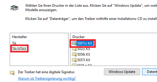 Den installierten Treiber auswählen oder über "Datenträger" auf die entpackte Quelle des Treibers zugreifen und hinzufügen.