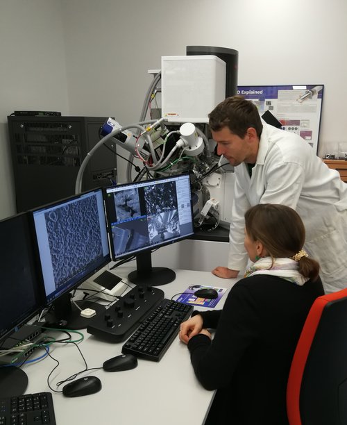 In the scanning electron microscopy laboratory, Dr. Christiane Rößler and Dipl.-Ing. (FH) Christian Matthes analyse samples of cement-based building materials. Photo: Dana Höftmann.