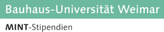 Das Schriftlogo besteht aus zwei Zeilen. Oben stehen die Worte: »Bauhaus-Universität Weimar« (in weißer Schrift auf mintfarbenem Hintergrund); unten steht: »MINT-Stipendien« (schwarze Schrift auf weißem Untergrund).