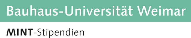 Das Schriftlogo besteht aus zwei Zeilen. Oben stehen die Worte: »Bauhaus-Universität Weimar« (in weißer Schrift auf mintfarbenem Hintergrund); unten steht: »MINT-Stipendien« (schwarze Schrift auf weißem Untergrund).