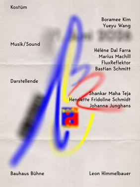 Rückseite eines Veranstaltungsflyers der Bauhaus Bühne mit Mitwirkenden aus den Bereichen Kostüm, Musik/Sound und Darstellung vor einer verschwommenen abstrakten Grafik.