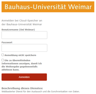 Screenshot der Anmeldeseite für die Bauhaus Cloud mit Eingabefeldern Benutzername und Passwort