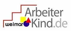 The logo features the words »Arbeiterkind.de Weimar« in shades of black and grey as well as a yellow square, a red triangle and a blue circle. A red line forms a set of stairs with three steps that ascends from left to right, rising over the words and symbols.  