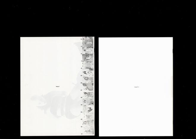 Two light-coloured magazine pages against a black background. On the left, a vertical strip of numbered black-and-white images runs along the edge; on the right, small centred text reads »Issue 1.1«.