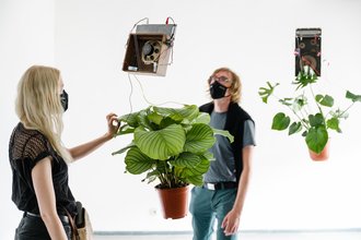 Visitors to an exhibition look at wired plants hanging from the ceiling