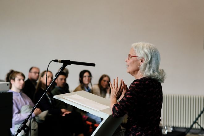 Antrittsvorlesung mit Prof. Jane Bennett im Oberlichtsaal der Bauhaus-Universität Weimar am 24. Mai 2023 (Foto: Bauhaus-Universität Weimar/ Dominique Wollniok)