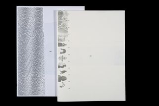 Two overlapping magazine pages against a black background. The left page contains dense text, while the right page shows small black-and-white images arranged along the edge.