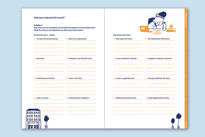 Texte und Aufgaben: Tom Wirkus, Simone Schwark, Layout und Satz: Lena Haubner, Illustrationen: Hannes Naumann Doppelseite des Arbeitsheftes