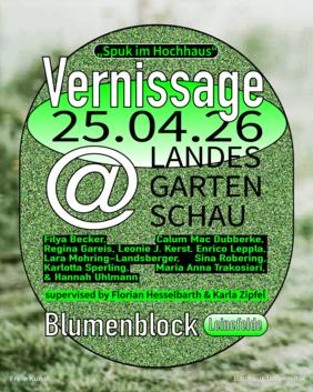Plakat mit dem Schriftzug »Vernissage 25.04.26« und Informationen zur Ausstellung »Spuk im Hochhaus« in Leinefelde