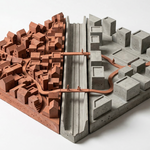 Isometric architectural model split in two: a dense terracotta neighbourhood of pitched-roof houses on the left, a grey concrete district of rectangular blocks on the right, separated by a deep concrete trench. Two slender terracotta footbridges cross the trench, with small figures walking over them.