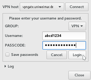 In the dialogue box that appears, enter your user name as »Username« and your user password as »PASSCODE«. Then click on »Login«.