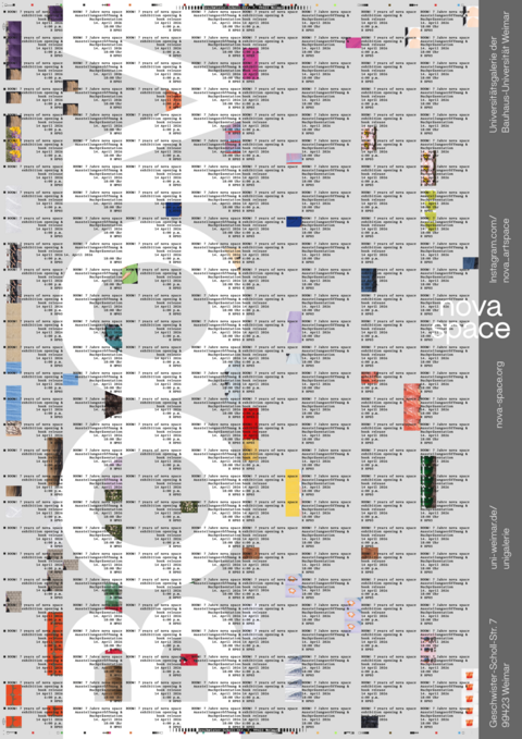 Dienstag, 14. April 2026, 18 Uhr im Van-de-Velde-Bau Plakat mit repetitiv angeordnetem Text zur Veranstaltung »BOOM! 7 Jahre nova space« mit Ausstellungsöffnung und Buchpräsentation am 14. April 2026 sowie grafischen Fragmenten