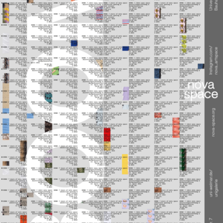 Poster with repetitively arranged text announcing the event “BOOM! 7 years of nova space,” including exhibition opening and book release on April 14, 2026, with graphic fragments