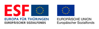 Logos des Europäischen Sozialfonds (ESF) und der Europäischen Union. Links das ESF-Logo mit der Aufschrift »Europa für Thüringen – Europäischer Sozialfonds« und EU-Flagge, rechts die EU-Flagge mit der Bezeichnung »Europäische Union – Europäischer Sozialfonds«.