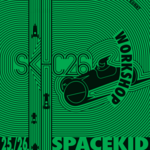 Green poster with dense line patterns and stylized racing cars. Central text reads “SKHC 26” and “WORKSHOP.” At the bottom: “SPACEKID HEADCUP PRODUKTDESIGNINNENHOF.” On the left, date and time are given: April 25–26, 10 a.m.–6 p.m. Curved text at the top reads: “Bring as much building material as you can carry.”