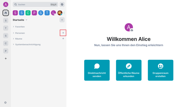 Screenshot of the chat homepage. Next to the "People" menu item there is a small plus with the "Start chat" option