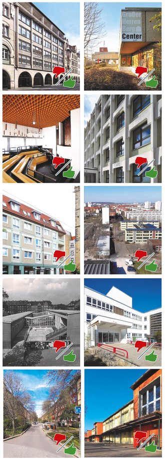 Zehn Beispiele der Architektur der Spätmoderne in Erfurt stehen zur Debatte (Grafik: Landeshauptstadt Erfurt, Stadtarchiv)