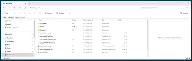 Screenshot des lokalen Ordners und der jeweiligen Dateien mit dem aktuellen Synchronsierungsstatus.