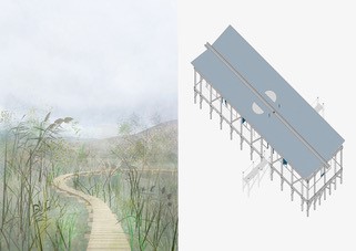 Wetland Pavillon Laboratory, Visualisierung und Axonometrie; Julia Janiel, Bachelor-Thesis