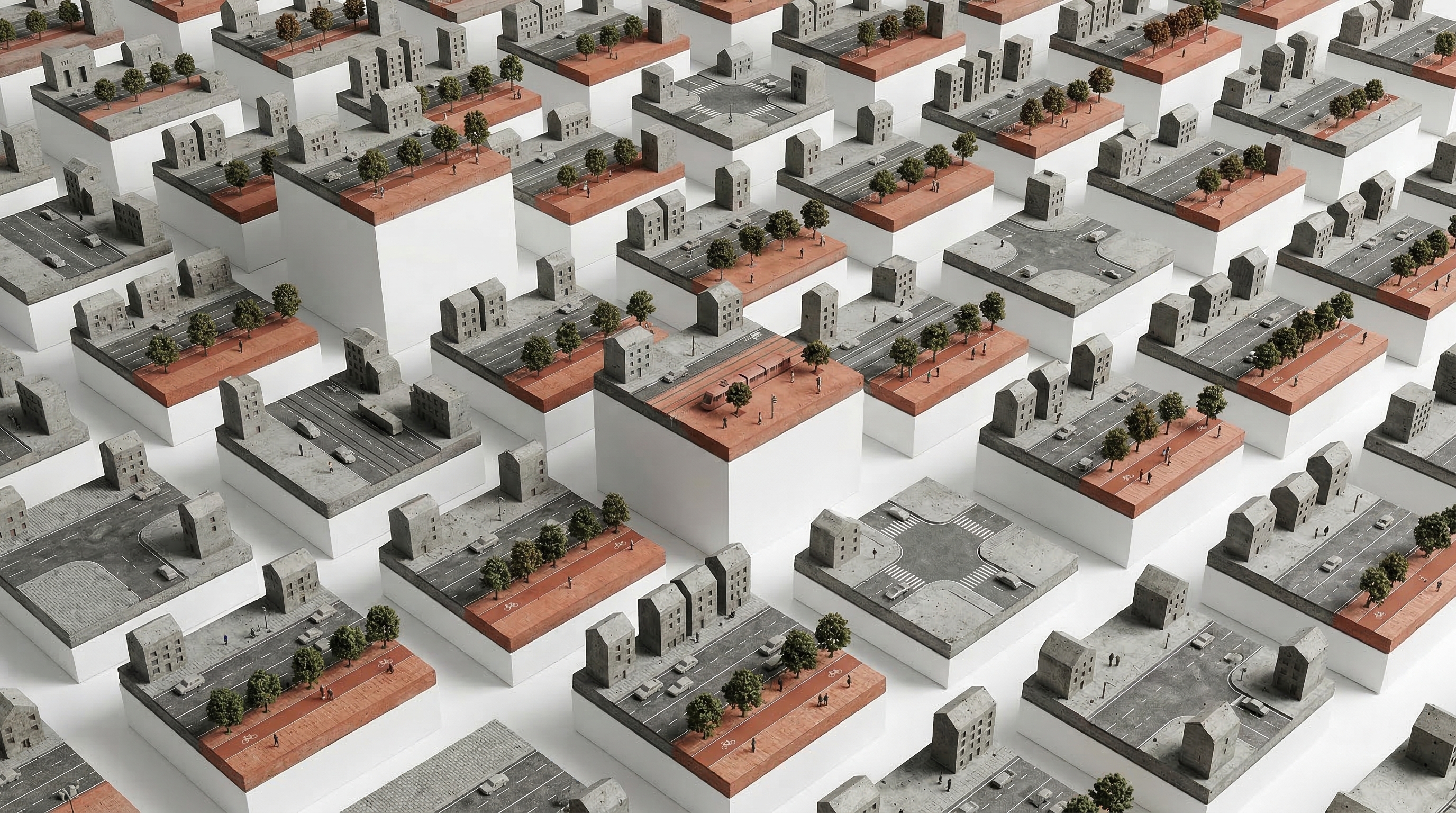Isometric model of a city grid in terracotta and grey concrete, seen from above, with individual street blocks rendered in contrasting materials to represent the gap between each street's current condition and its potential.