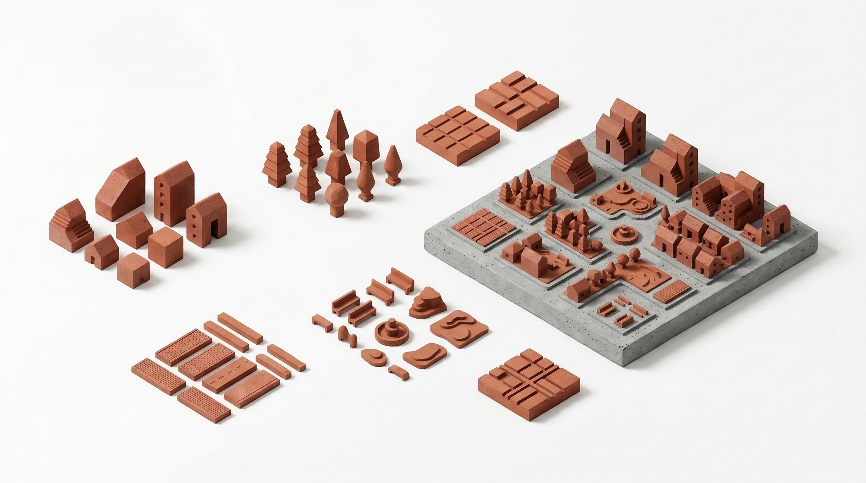 Terracotta model components sorted into groups on a white surface: houses, trees, paving strips, benches and block tiles. Beside them, a grey concrete base tile where the same parts have been assembled into a small neighbourhood.