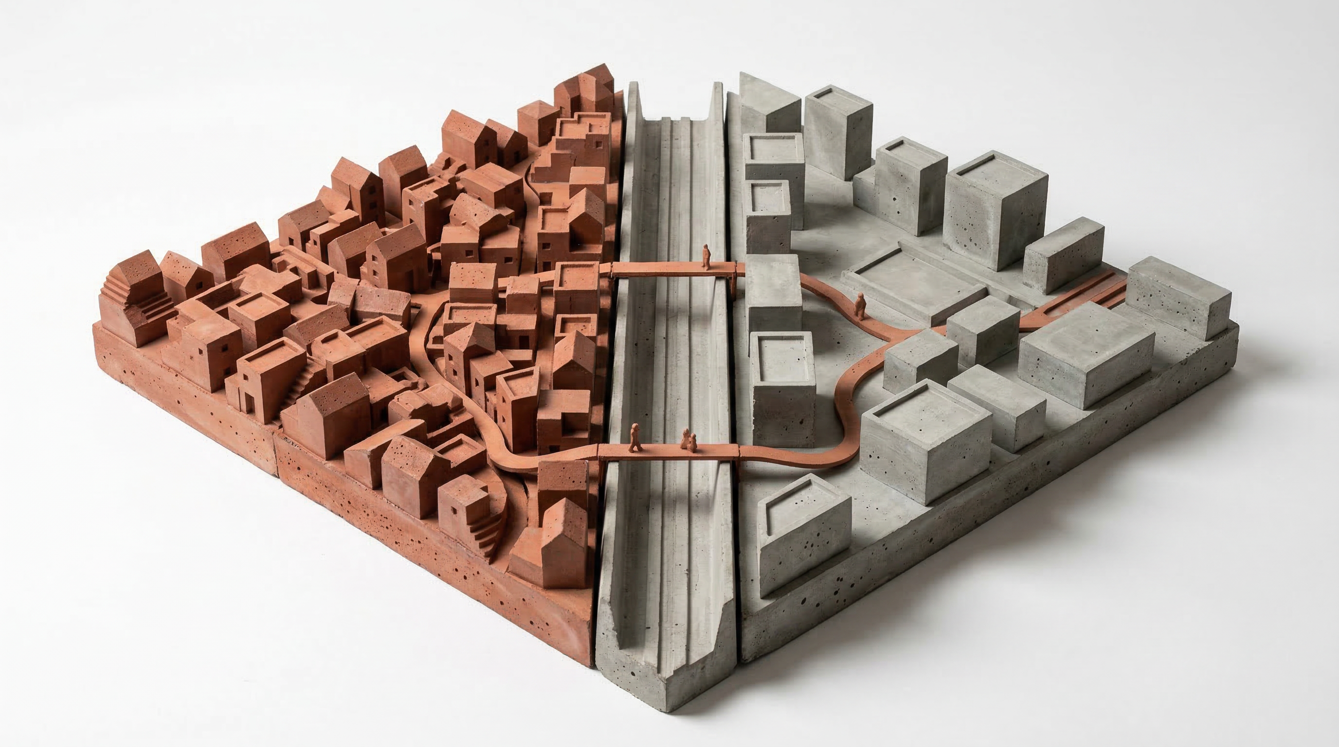 Isometric architectural model split in two: a dense terracotta neighbourhood of pitched-roof houses on the left, a grey concrete district of rectangular blocks on the right, separated by a deep concrete trench. Two slender terracotta footbridges cross the trench, with small figures walking over them.