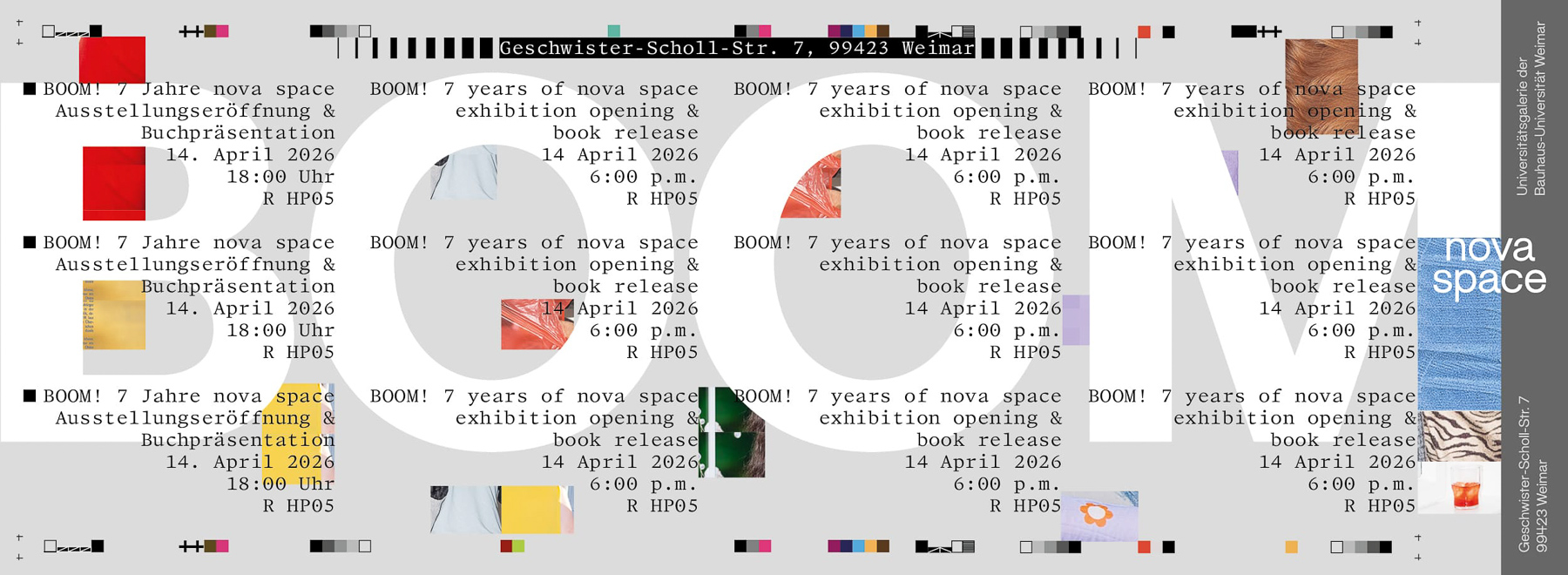 Banner zur Veranstaltung »BOOM! 7 Jahre nova space« mit groß gesetztem Schriftzug und Informationen zur Ausstellungsöffnung und Buchpräsentation am 14. April 2026