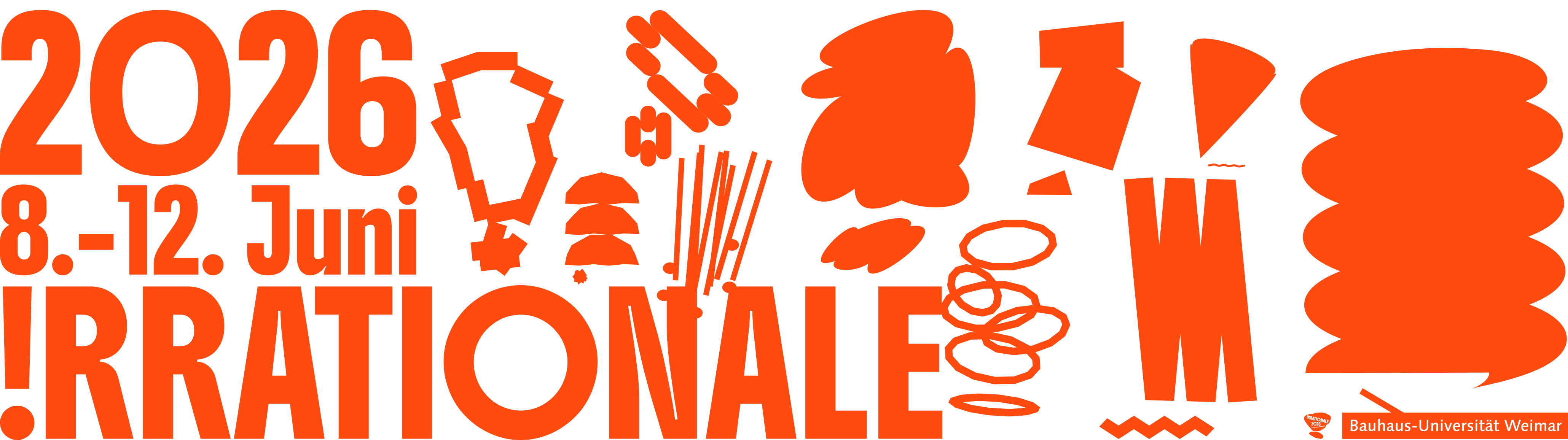 rafische Veranstaltungsankündigung für »!RRATIONALE 2026« an der Bauhaus-Universität Weimar mit orangefarbener Form auf grauem Hintergrund und Datumsangabe »8.–12. Juni«.