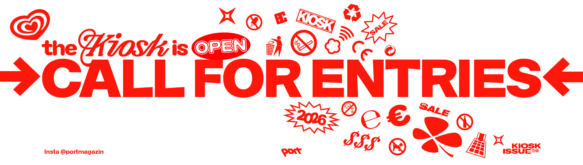 Banner mit dem Schriftzug »The Kiosk is open – Call for Entries« für einen Open Call des Magazins Port, ergänzt durch zahlreiche grafische Icons und Hinweise auf 2026