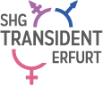 Das Logo zeigt schwarz auf weiß die Worte »SHG-Transident-Erfurt« sowie Bruchstücke des Venussymbols (Symbol für Weiblichkeit), des Marssymbols (Symbol für Männlichkeit) und einer Kombination aus beiden Symbolen (Symbol für Androgynie). Zusammengesetzt würden diese Bruchstücke das Transgender-Symbol ergeben.