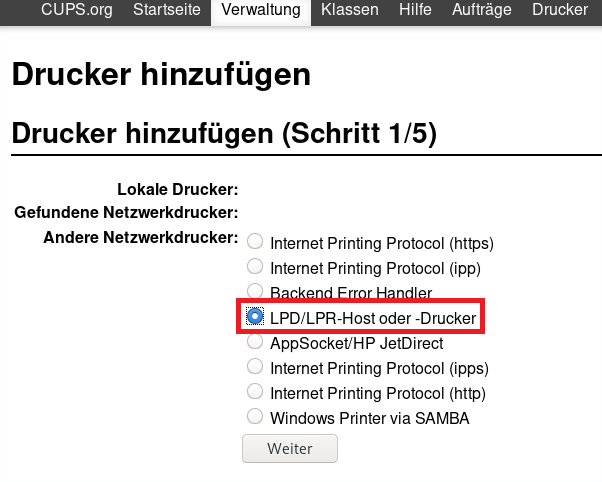 "LPD/LPR-Host oder -Drucker" hinzufügen.