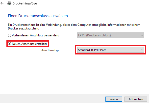 "Neuer Anschluss erstellen:" -> Typ: "Standard TCP/IP Port"