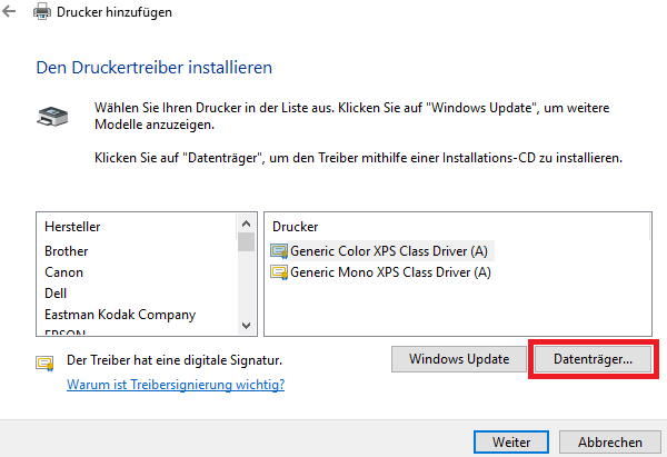 Select the installed driver or access the unpacked source of the driver via "Data carrier" and add it.