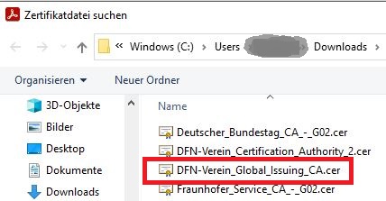 Screenshot mit Hervorhebung des Schrittes: Auswahl des Zertifikates im Dateisystem