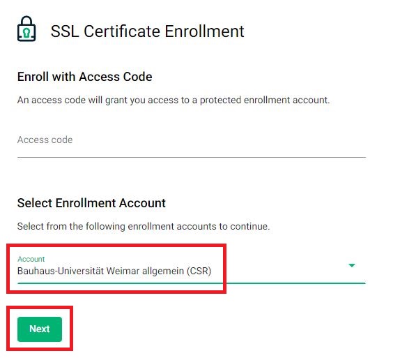 Screenshot mit Hervorhebung des Schrittes: »Enrollment Account« auswählen