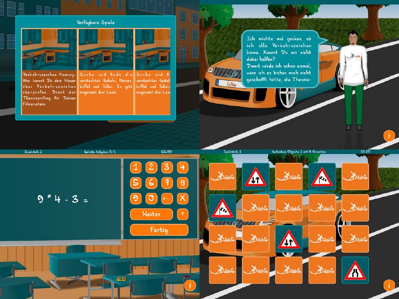 TopLeft: Selecting a game to play, TopRight: First view after game start (here to get the driver license) , BottomRight: First level of this game BottomLeft: Screenshot of a Mathematic game
