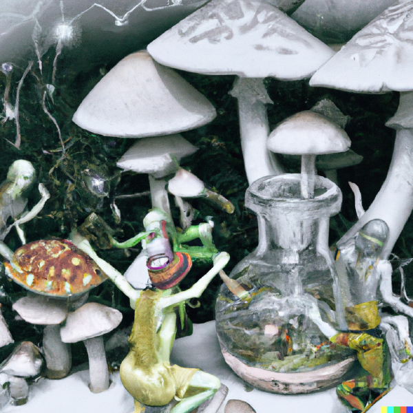 File:DALL·E 2023-01-10 22.56.06 - elves in mycelium networks dancing around lab flask ,LSD, photo realism.png