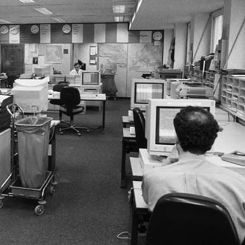 Newsroom von Radio Free Europe in München, 1994.