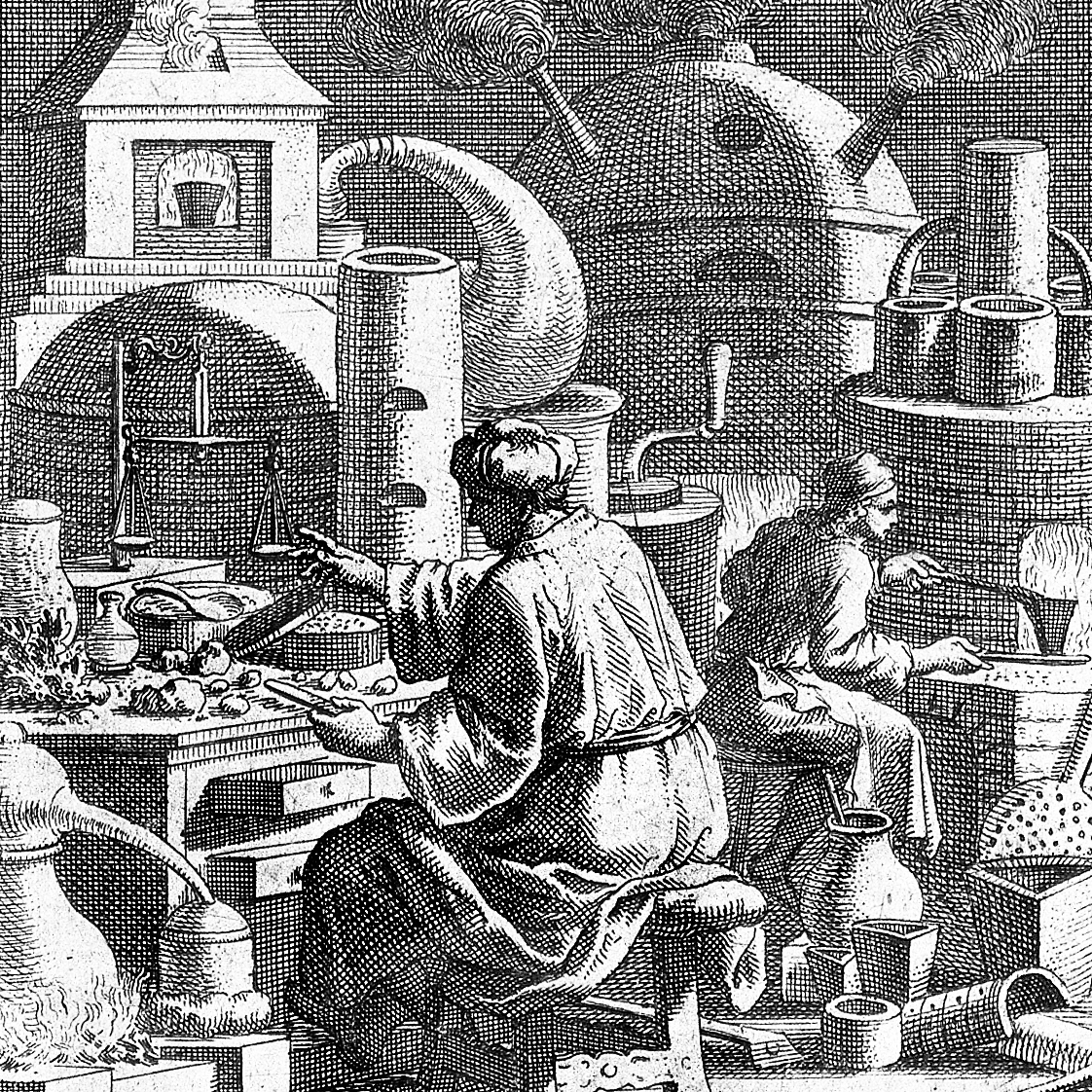 Two alchemists seeming to produce gold from a furnace; the accompanying text satirises those who pursue alchemy for gold alone. Engraving by C. Weigel, 1698.