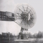 The first automatically operated wind turbine, built in Cleveland in 1887 by Charles F. Brush. It was 60 feet (18 m) tall, weighed 4 tons (3.6 metric tonnes) and powered a 12 kW generator.