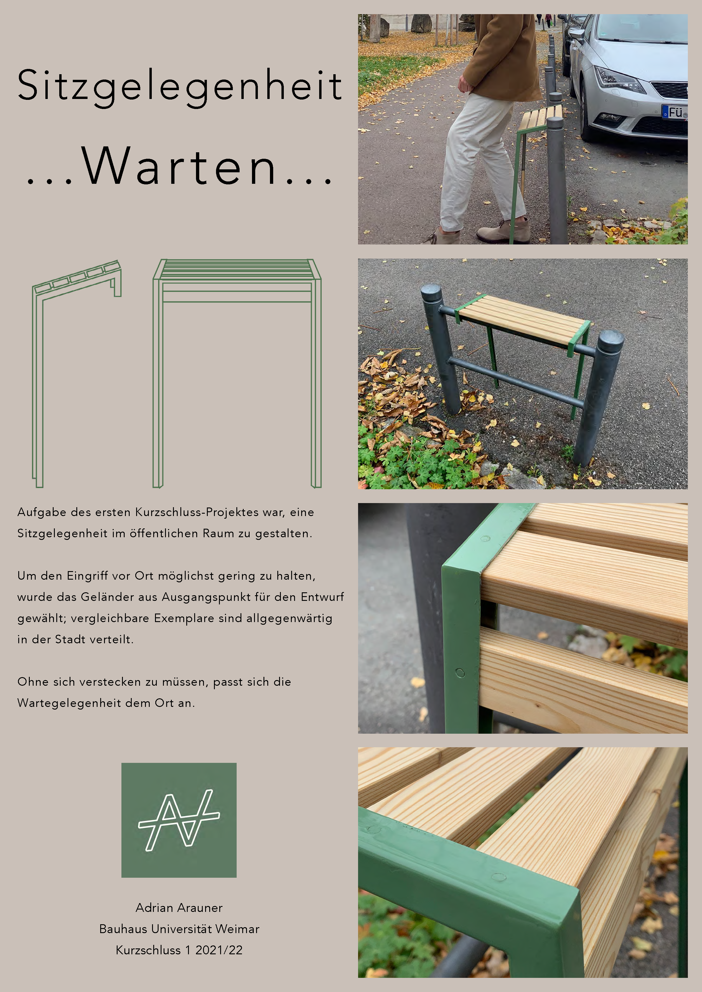 Plakat mit Grafiken/Illustrationen und Beschreibungstext für eine Sitzgelegenheit an einem spezifischen Ort in Weimar